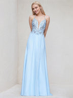 Sky Blue Satin Spaghetti Straps Sleeveless Floor Length Bridesmaid Dress With Beadings