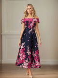 A-Linien schulterfreies knöchellanges Satin-Kleid mit floralem Muster, Mutter der Braut