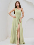A Line Sage Chiffon One Shoulder Sleeveless Dress With High Slit