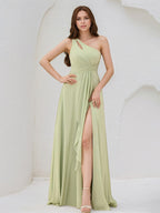 A Line Sage Chiffon One Shoulder Sleeveless Dress With High Slit