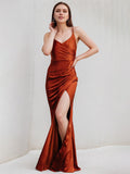 Rust Sheath/Column Satin Spaghetti Straps Sleeveless Floor Length Dress