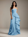 Mint Blue Satin A Line Off The Shoulder Sleeveless Floor Length Bridesmaid Dress With Ruffles