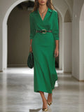 Vestido midi tipo sheath/column con cuello de solapa y mangas largas verde