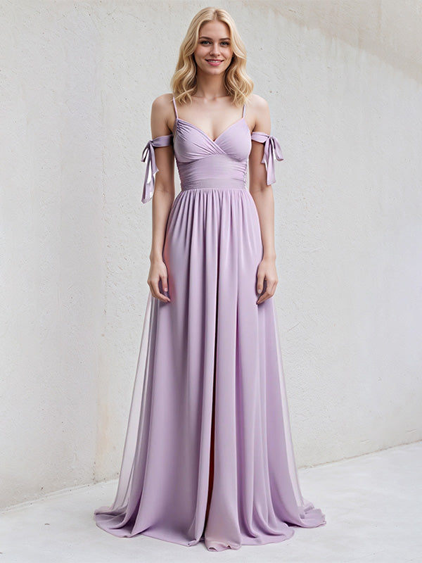 Abito lungo in chiffon lilla a linea A con spalline sottili, senza maniche e fiocco