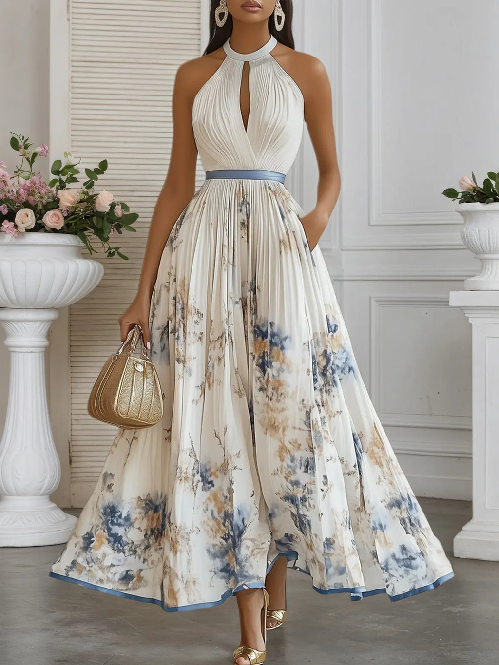 Vestido longo evasê de chiffon branco floral plissado, decote halter e sem mangas
