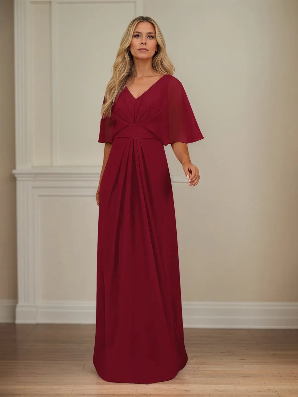 A-Linien Kleid mit V-Ausschnitt, halblangen Ärmeln, bodenlang aus Chiffon, Mutter-des-Braut-Kleid