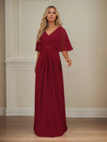 A-Linien Kleid mit V-Ausschnitt, halblangen Ärmeln, bodenlang aus Chiffon, Mutter-des-Braut-Kleid