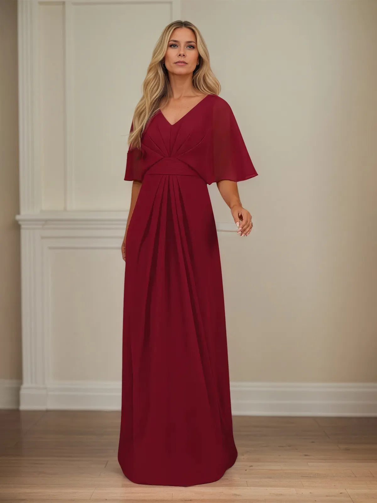 A-Linien Kleid mit V-Ausschnitt, halblangen Ärmeln, bodenlang aus Chiffon, Mutter-des-Braut-Kleid