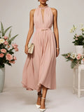 Rosa Chiffon Lotusblattkragen ärmelloses A-Linien Maxikleid