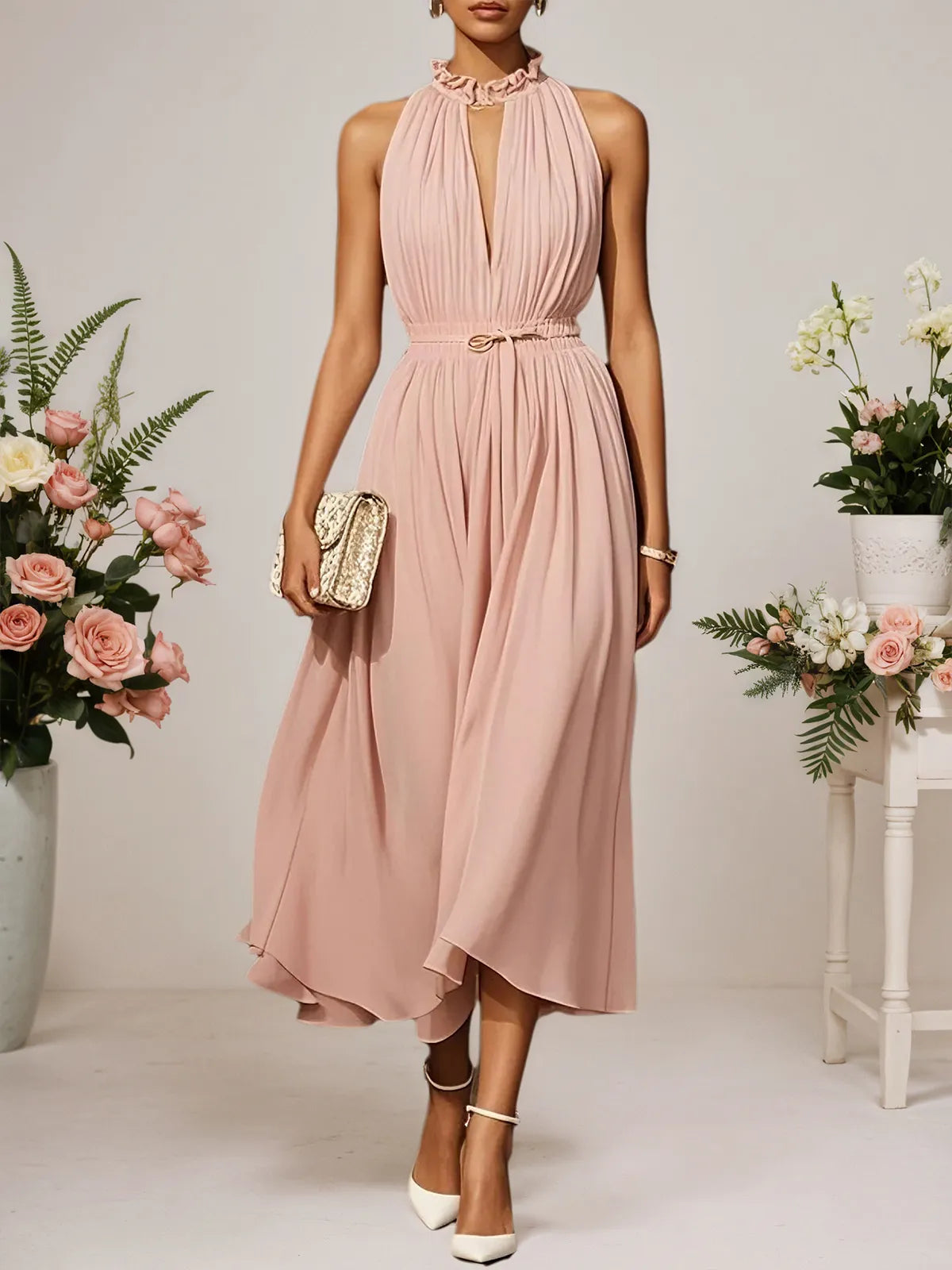 Rosa Chiffon Lotusblattkragen ärmelloses A-Linien Maxikleid