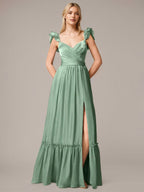 Green A Line V Neck Sleeveless Floor Length Dresses With Ruffles