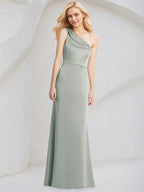 Robe de demoiselle d'honneur longue en satin, fourreau/colonne, une épaule, sans manches