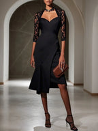 Robe midi ligne A en dentelle noire, col cœur, manches mi-longues