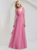 Vestido de Madrinha Orquídea Rosa, Chiffon, Linha A, Decote V e Sem Mangas, Comprimento até o Chão