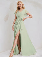 Celadon Chiffon A Line V Neck Ruffle Sleeves Floor Length Bridesmaid Dress