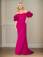 Satin Etuikleid/Säulenkleid mit schulterfreiem Puffärmel, bodenlang, Mutter der Braut Kleid