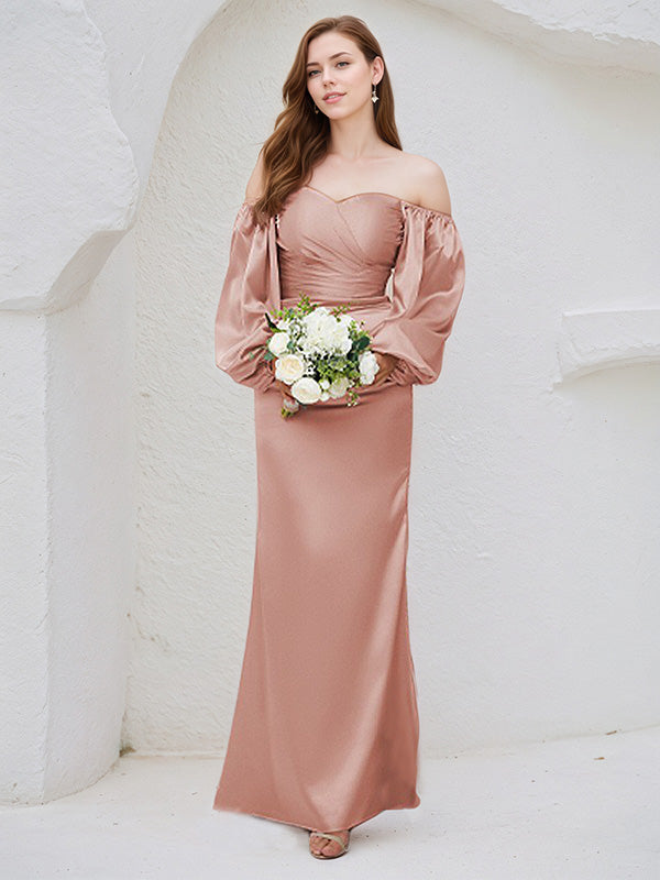 Vestido de madrinha Dusty Rose em cetim, modelo tubinho/coluna, ombro a ombro, mangas longas, comprimento até o chão