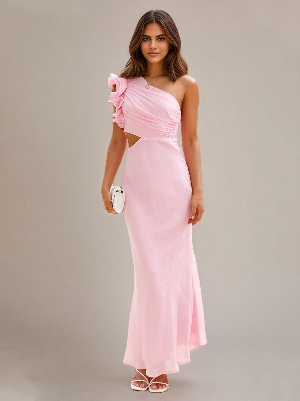 Sanftrosa Chiffon-Sheath/Säulen-Kleid mit einer Schulter, knöchellang, Brautjungfernkleid