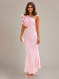 Sanftrosa Chiffon-Sheath/Säulen-Kleid mit einer Schulter, knöchellang, Brautjungfernkleid