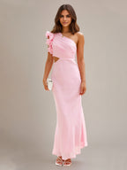 Sanftrosa Chiffon-Sheath/Säulen-Kleid mit einer Schulter, knöchellang, Brautjungfernkleid