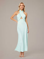 Mint Sheath/Column Satin Halter Neck Sleeveless Floor Length Dress