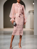 Women Pink Lace Bow Crew Neck Long Sleeve Bell Sleeve Dressy Top With Skirt Two-Piece Set