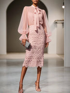 Women Pink Lace Bow Crew Neck Long Sleeve Bell Sleeve Dressy Top With Skirt Two-Piece Set