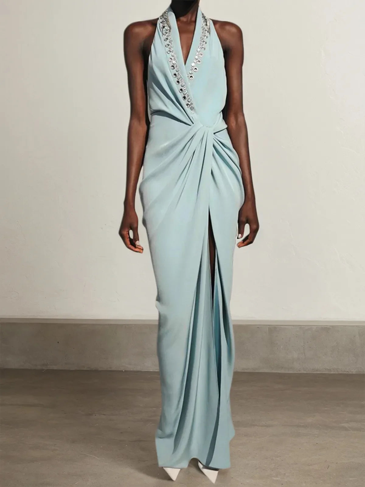 Blaues Neckholder Kleid mit Strass, Knoten vorne, Schlitz, Etuikleid Maxikleid
