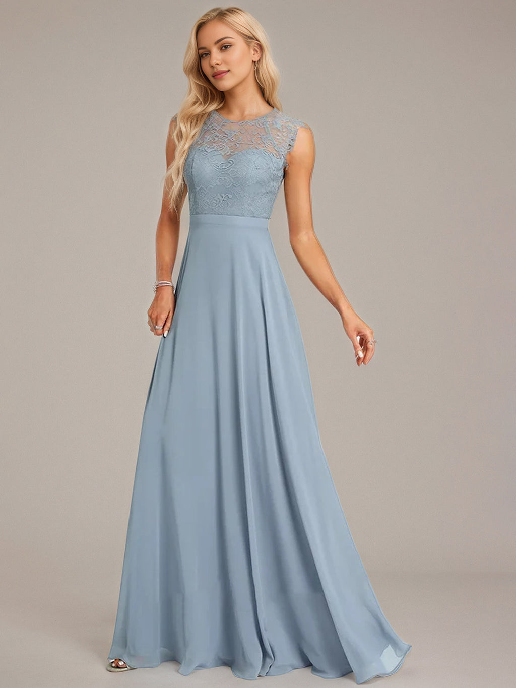 Dusty Blue A-Line Scoop Floor-Length Lace Chiffon Bridesmaid Dress
