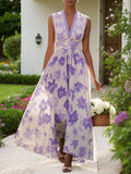 Vestido maxi línea A de gasa con flores lavanda púrpura, escote en V y sin mangas