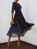 Bläulich-lila Spitzen-Chiffon Kleid mit Rundhalsausschnitt, halben Ärmeln, A-Linie, Midi-Länge