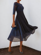 Bläulich-lila Spitzen-Chiffon Kleid mit Rundhalsausschnitt, halben Ärmeln, A-Linie, Midi-Länge