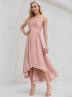Dusty Rose Chiffon A Line V Neck Sleeveless Asymmetrical Bridesmaid Dress