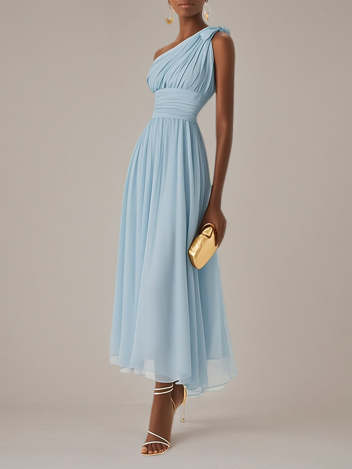 Vestidos azuis de chiffon corte evasê, um ombro, sem mangas e comprimento até o tornozelo