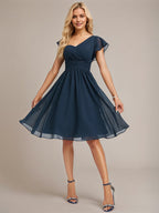Dark Navy A-Line One Shoulder Knee-Length Chiffon Bridesmaid Dress With Ruffle