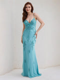 Vestido largo de dama de honor azul aqua de gasa trompeta/sirena con tirantes de espagueti y sin mangas
