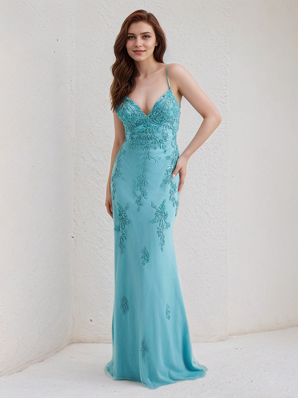 Vestido largo de dama de honor azul aqua de gasa trompeta/sirena con tirantes de espagueti y sin mangas