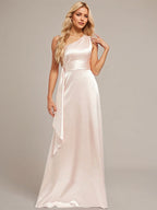 Blushing Pink A-Line One Shoulder Floor-Length Satin Bridesmaid Dress With Ruffle