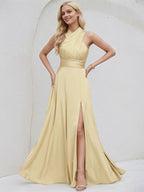 Vestido de Dama de Honra em Cetim Champanhe A Linha com Decote em V, Mangas Curtas e Comprimento ao Chão