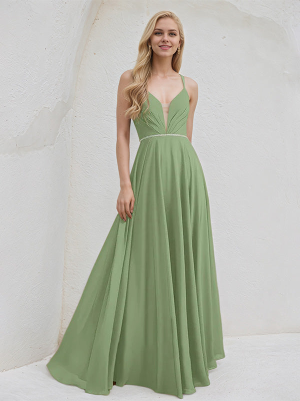 Vestido de Dama de Honra em Chiffon Basil Corte A com Decote em V, Comprimento Longo e Bordados