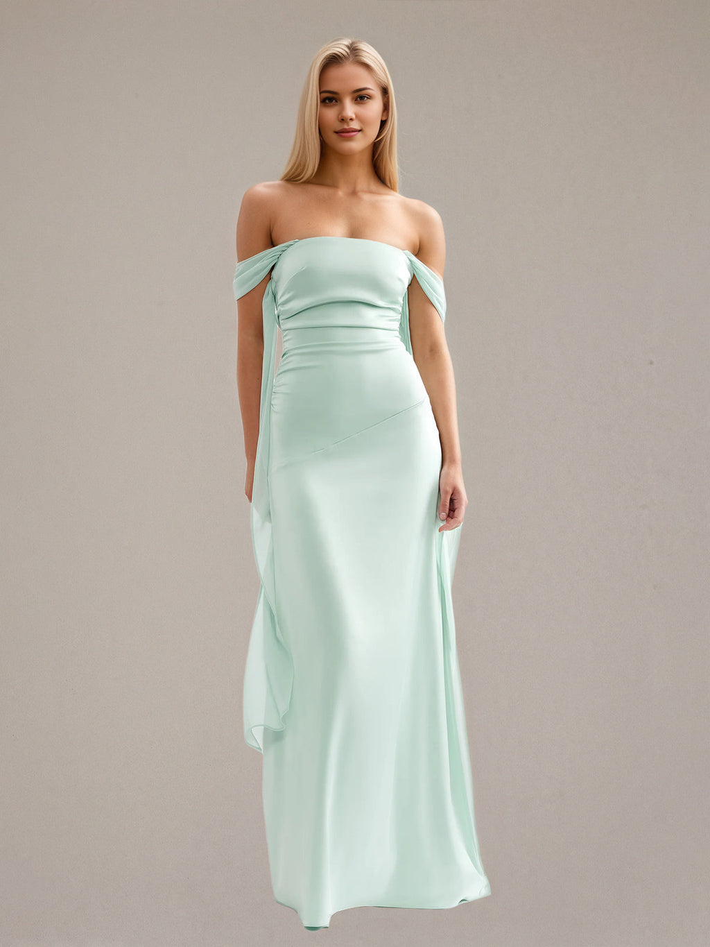 Vestido largo de satén color menta sin mangas con escote off-shoulder y corte tubo