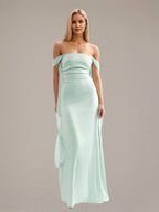 Vestido largo de satén color menta sin mangas con escote off-shoulder y corte tubo