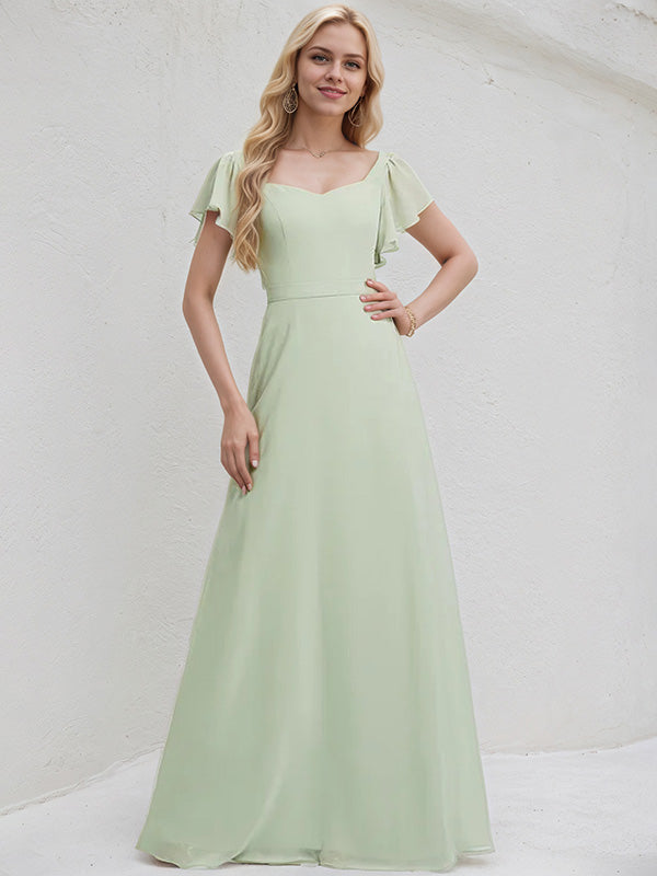 Vestido de dama de honor largo de gasa celadón, línea A, escote en V, mangas cortas y con volantes