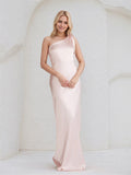 Blushing Pink Satin Sheath/Column One Shoulder Floor Length Bridesmaid Dress