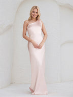 Blushing Pink Satin Sheath/Column One Shoulder Floor Length Bridesmaid Dress