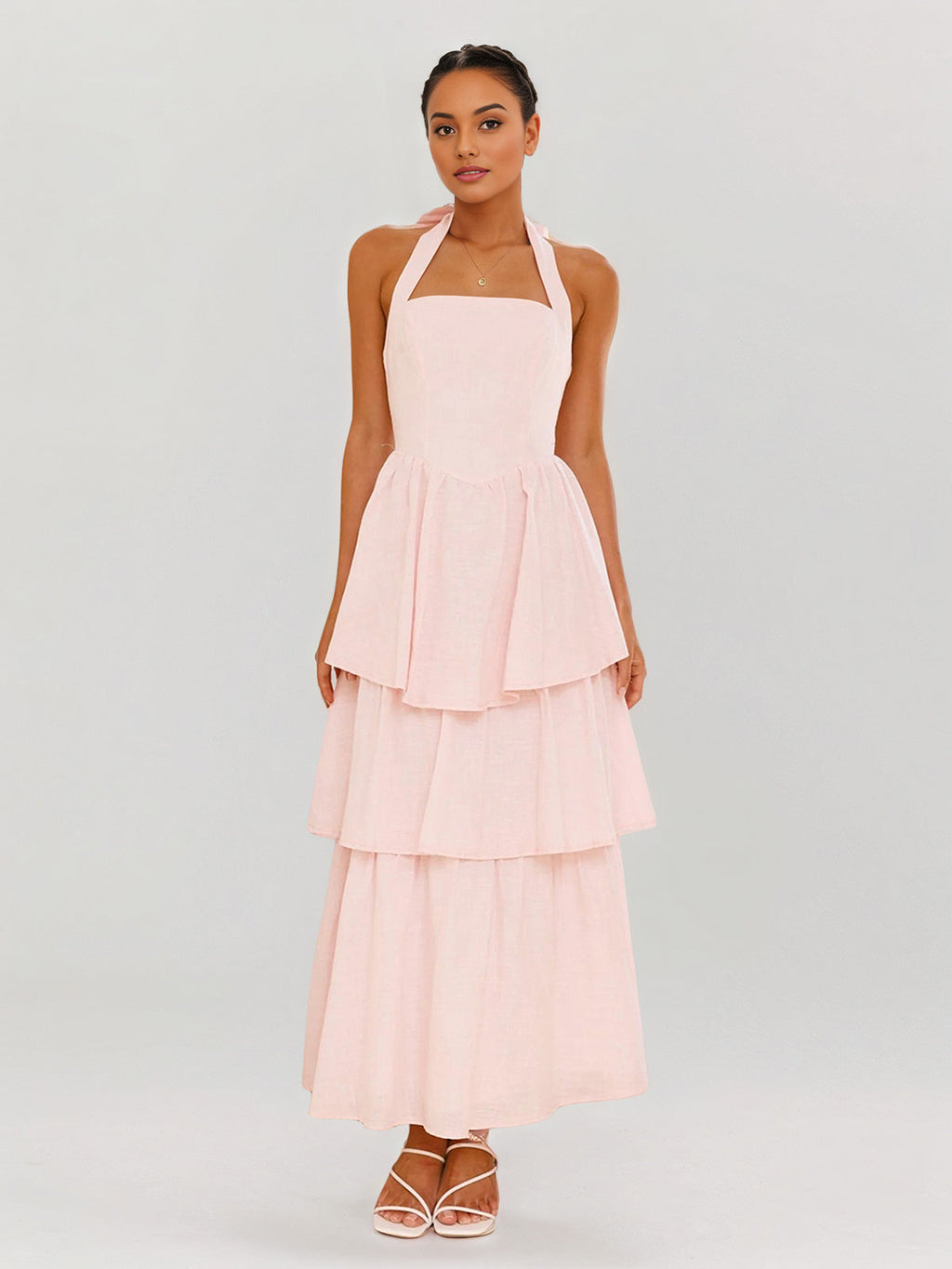 Pink Chiffon A Line Halter Neck Sleeveless Ankle Length Bridesmaid Dresses