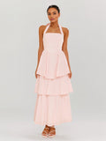 Pink Chiffon A Line Halter Neck Sleeveless Ankle Length Bridesmaid Dresses