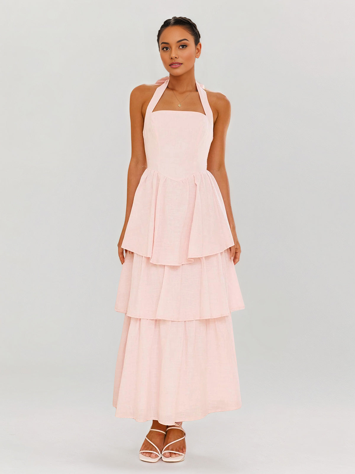 Pink Chiffon A Line Halter Neck Sleeveless Ankle Length Bridesmaid Dresses