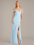 Sheath/Column Chiffon Off The Shoulder Sleeveless Floor Length Dresses With Ruffles