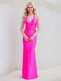 Hot Pink Satin Sheath/Column V Neck Sleeveless Floor Length Bridesmaid Dress